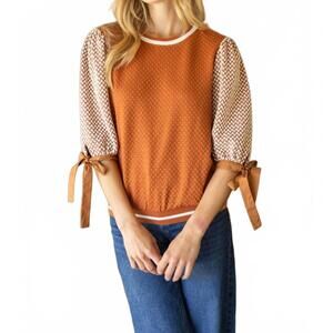 NEW VOY color block textured knit bow tie sleeve top in camel